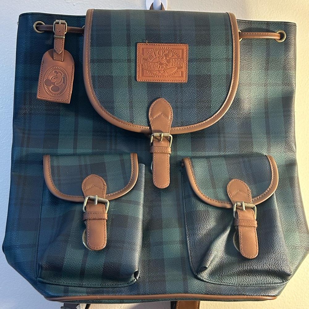 Plaid Blue, Green, Tan Polyvinyl Mickey Mouse Backpack